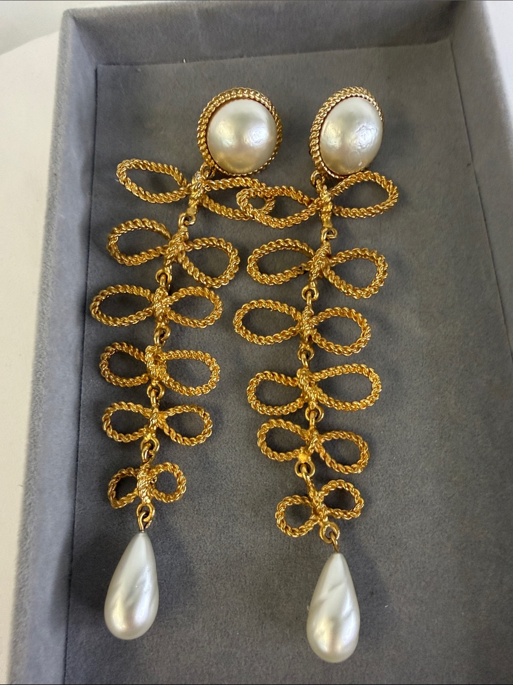 CHANEL Gold-Tone Rope Link Pearl Drop Earrings